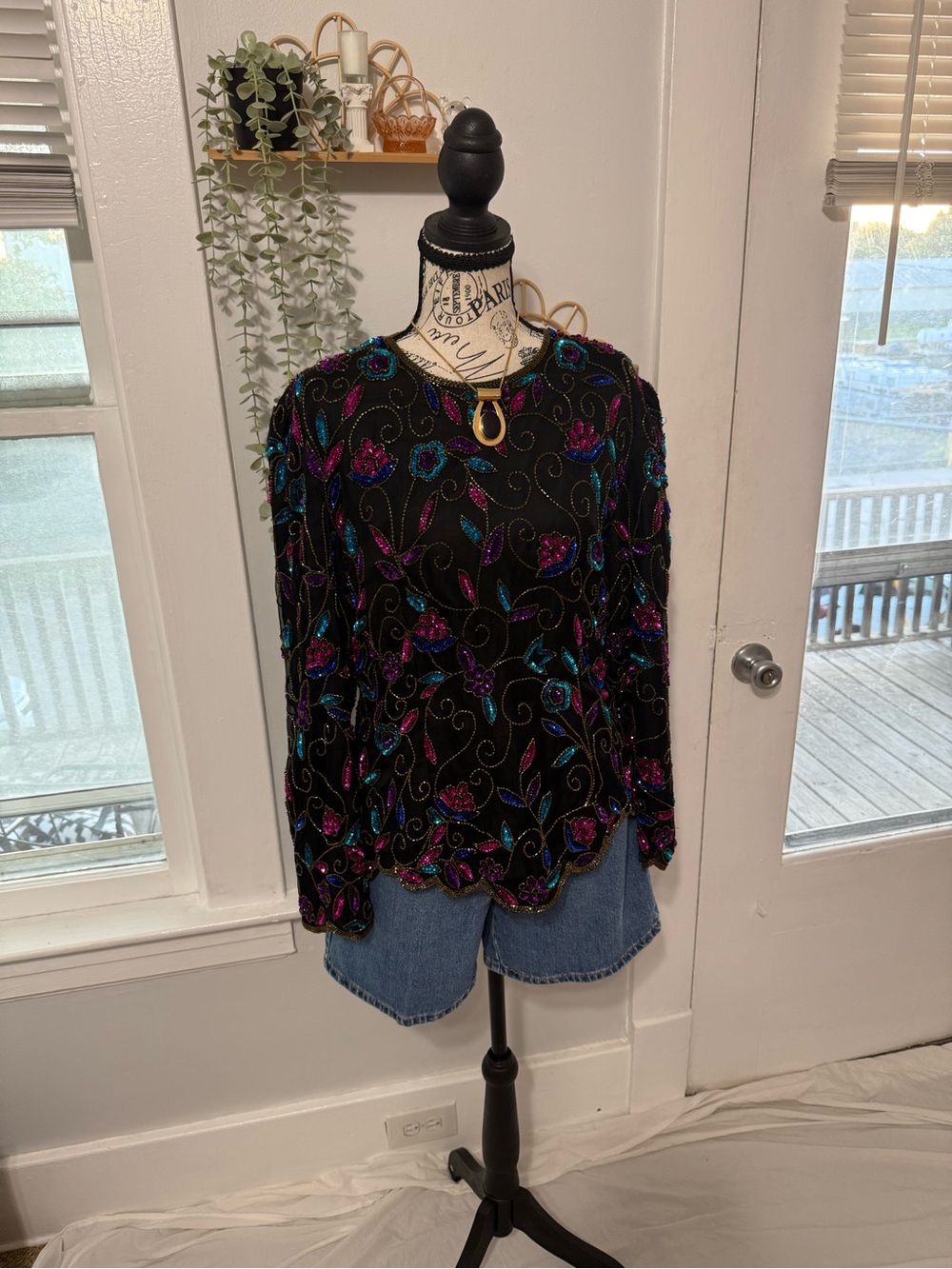 Stenay Black Beaded Floral Long Sleeve Blouse